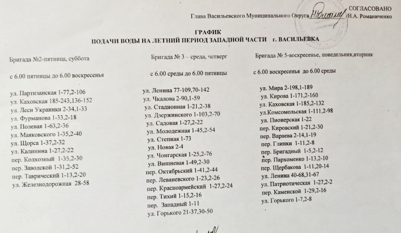График подачи воды на летний период 2025 западной части города Васильевка.